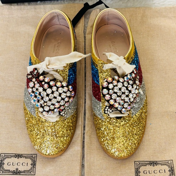 Gucci 494609 Multicolor Glitters Heart Rhinestones Sneakers Shoes w/ Dustbag/box - Picture 13 of 16